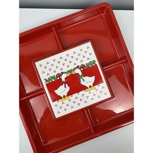 Vtg 80s Christmas Geese Red Divided Snack Tray 12" Plastic Cottagecore Holiday